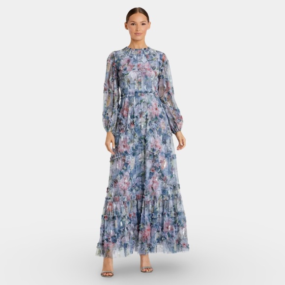 Mac Duggal NWT 8098 Blue Floral Long Sleeve High Neck Ruffle Midi Dress Size 14 - Picture 1 of 6